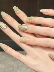 10PCS Short Oval Handmade Press On Nails For Party And Daily Wear,Apricot Nails,Hand-Painted Smudge, Premium Gold Foil & 3D Stereo Flowers,To Wear 10pcs Y2K Handmade Press On Nails,Suitable For Girls And Women Festivals Parties And Daily Wear - Apricot - View 4