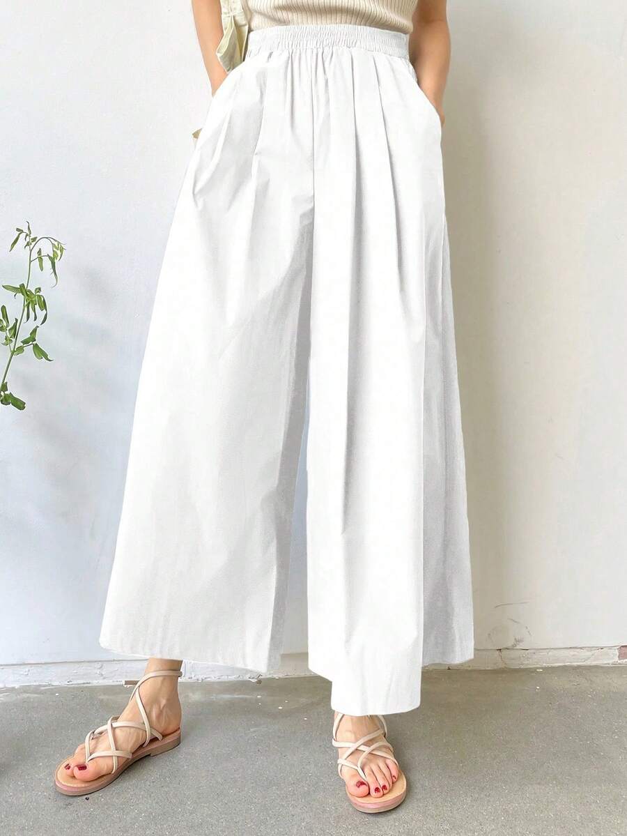 Solid Wide-Leg Leisure Trousers For Holidays - 白色的 - 查看 1