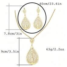 Juego de 3 piezas de joyería marroquí de moda, collar colgante floral hueco chapado en oro y pendientes colgantes en forma de lágrima, accesorios árabes a juego para mujer - Collar+pendientes - Ver 7