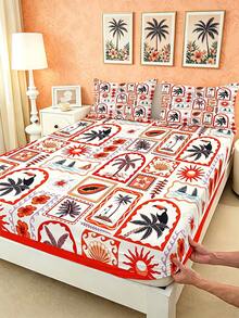 1PC Bohemian Beach Style Pattern Themed Fitted Mattress Protector (Fitted Sheet Only, No Pillowcase), Printed With Tropical Plants, Fruits, Ocean Patterns, Soft And Comfortable 100% Polyester Fabric, Suitable For Bedroom Or Guest Room, Modern Minimalist Washable Home Bedding - Multicolor - View 1