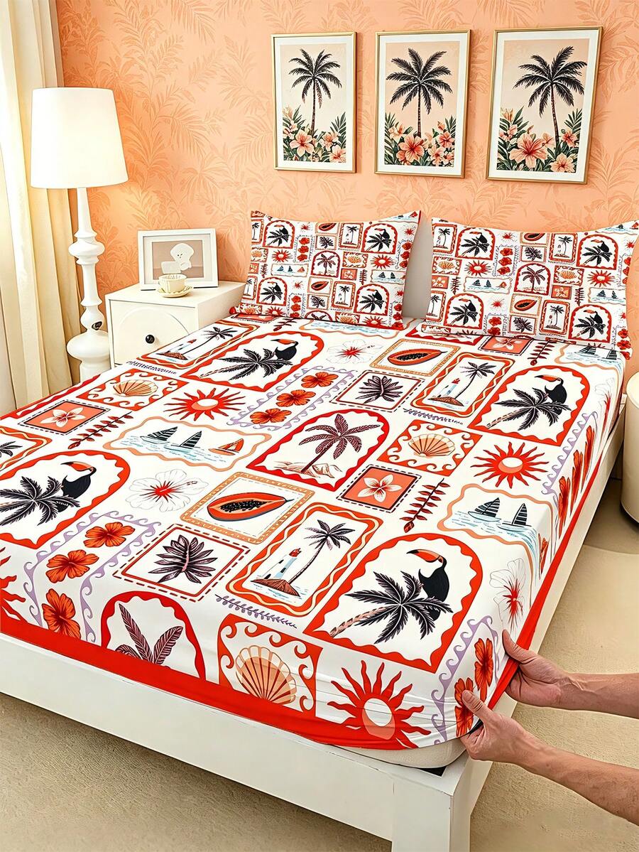 1PC Bohemian Beach Style Pattern Themed Fitted Mattress Protector (Fitted Sheet Only, No Pillowcase), Printed With Tropical Plants, Fruits, Ocean Patterns, Soft And Comfortable 100% Polyester Fabric, Suitable For Bedroom Or Guest Room, Modern Minimalist Washable Home Bedding - Multicolor - View 1