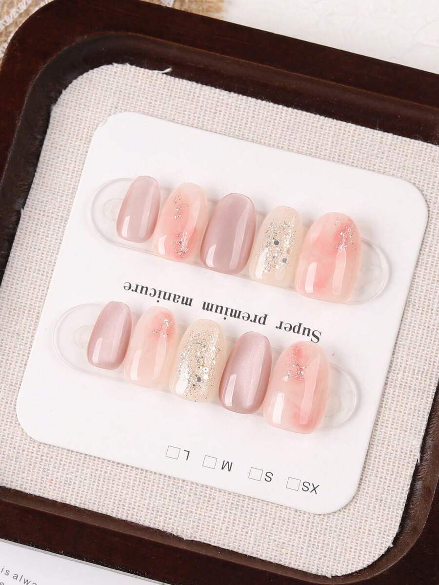 10pcs Short Round Handmade Press-On Nails, Soft Pink Marble Gradient Glitter Nude False Nails, Glossy Silver Foil Swirl Design, Reusable Full Coverage Women's Fake Nails, Suitable For Daily Office, Date, Wedding Manicure