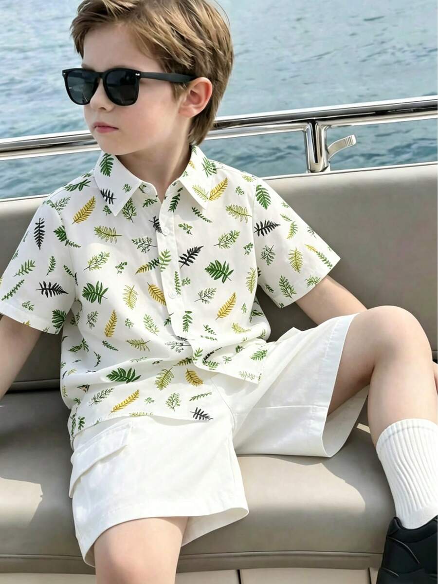 男童热带植物印花短袖衬衫 - 彩色 - 查看 1