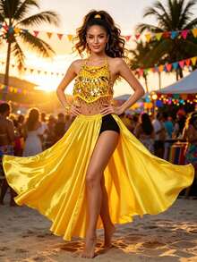 Belly Dance Coin Fringe Mesh Halter Crop Top, Double High Slit Flowy Satin Maxi Skirt For Stage Performance & Carnival - Multicolor - View 12