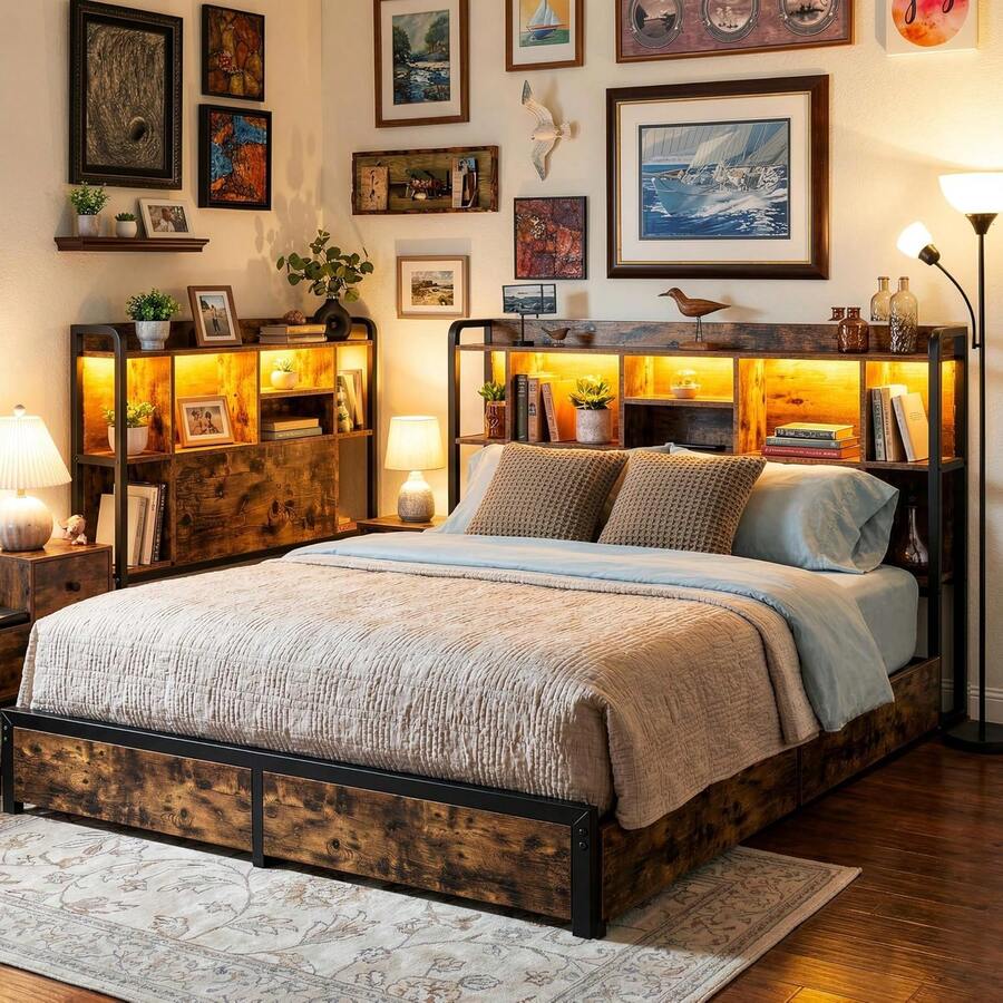 EnHomee 51" Tall Bed Frame With 4 Large Drawers & Charging Station & LED Lights Metal Platform Bed With Bookcase Headboard 9 Compartments, No Noise - View 1