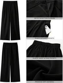 Pantalones de Pierna Ancha para Mujer, Casuales de Negocios, de Cintura Alta, Elegantes, Fluidos, para Oficina - Negro - Ver 6