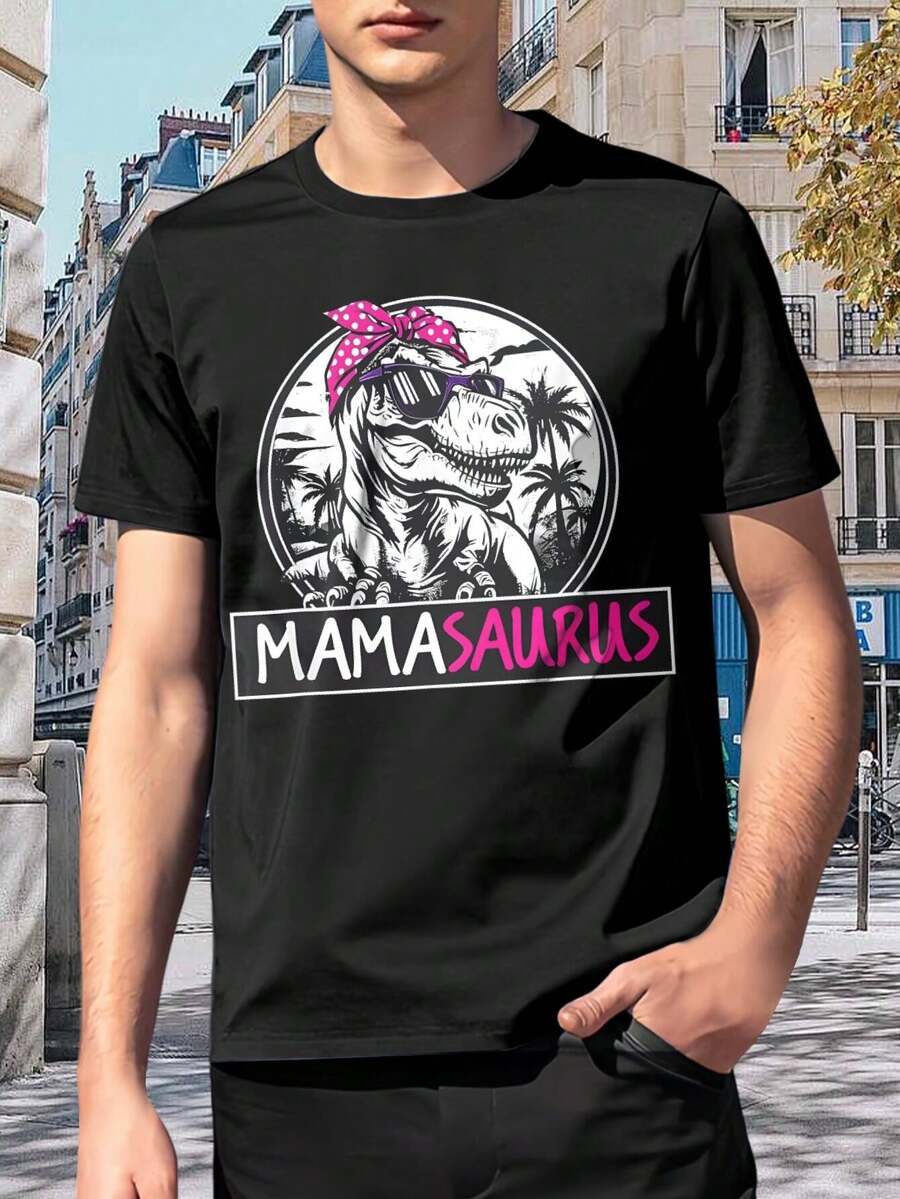 Camisetas con estampado de bandana y gafas de sol para mamá dinosaurio, regalo para hombres, casual de verano - Negro - Ver 1
