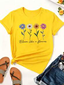 Plus Size Women's Short Sleeve Top - Floral Print And "Bloom Like A Flower" Lettering, Round Neck, Vibrant Design, Machine Washable, Festive And Versatile Everyday Wear - Yellow - View 2