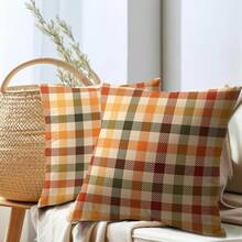 2pcs Autumn Plaid Pillow Covers, Vintage Orange Yellow Buffalo Check Cushion Covers, Linen Texture Farmhouse Harvest Decor Pillow Covers, Suitable For Sofa And Bedroom Home Decor, Pillow Insert Not Included - Orange - View 1
