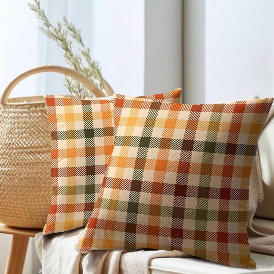2pcs Autumn Plaid Pillow Covers, Vintage Orange Yellow Buffalo Check Cushion Covers, Linen Texture Farmhouse Harvest Decor Pillow Covers, Suitable For Sofa And Bedroom Home Decor, Pillow Insert Not Included - Orange - View 1
