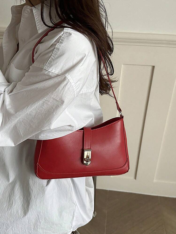 Bolso de Cuero para Llevar Bajo el Brazo, Bolso de Mano de Moda para Mujer, Bolso de Hombro de Color Sólido, Bolso Mensajero Clásico Minimalista para Mujer - Rojo - Añade 2