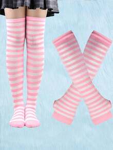 Kawaii 1 Pair Of Women's Striped Over-The-Knee Socks And 1 Pair Of Women's Arm Sleeves - 粉色 - 查看 1