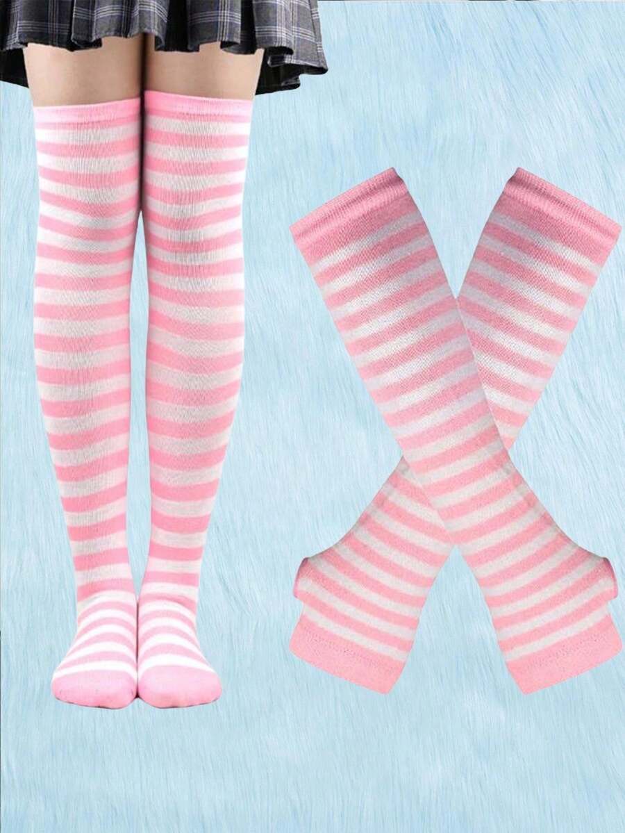 Kawaii 1 Pair Of Women's Striped Over-The-Knee Socks And 1 Pair Of Women's Arm Sleeves - 粉色 - 查看 1