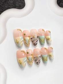 10pcs Island Vacation Style Handmade Press-On Nails, Polygel Nail Art Set, Shell, Starfish, Leopard Print, Floral, Yellow & Black Nail Polish, Sweet & Cool Style, Includes Nail Tools, 3 Sizes Available, Almond, Duck, Coffin Shape, Suitable For Party, Dancing, Daily Wear - 彩色 - 查看 14