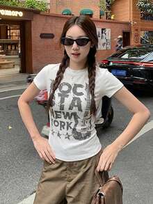 Printed Slim-Fit Versatile Short Sleeve T-Shirt Top For Women Casual White Summer - White - View 8