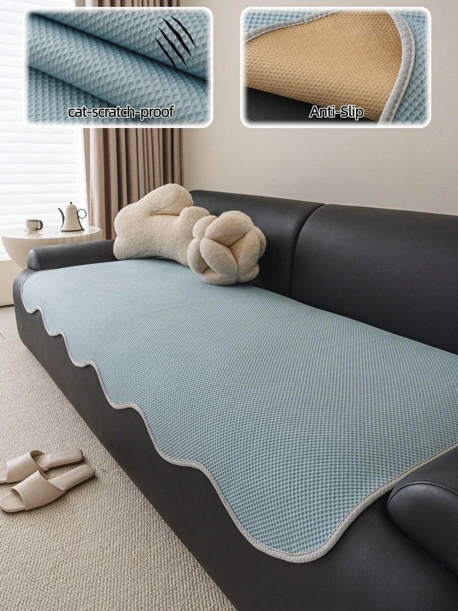 Funda protectora para cojín de sofá de una pieza con textura jacquard tipo gofre, moderna y minimalista, color liso, borde ondulado, de seda de hielo fresca y transpirable para verano, antideslizante, resistente a arañazos de gatos y apta para mascotas, resistente al desgaste, lavable a máquina, resistente a manchas y fácil de limpiar, apta para todas las estaciones, sala de estar, dormitorio, casa de huéspedes, cobertura completa, para sofá en L de 1 a 4 personas, talla S - Azul - Ver 1