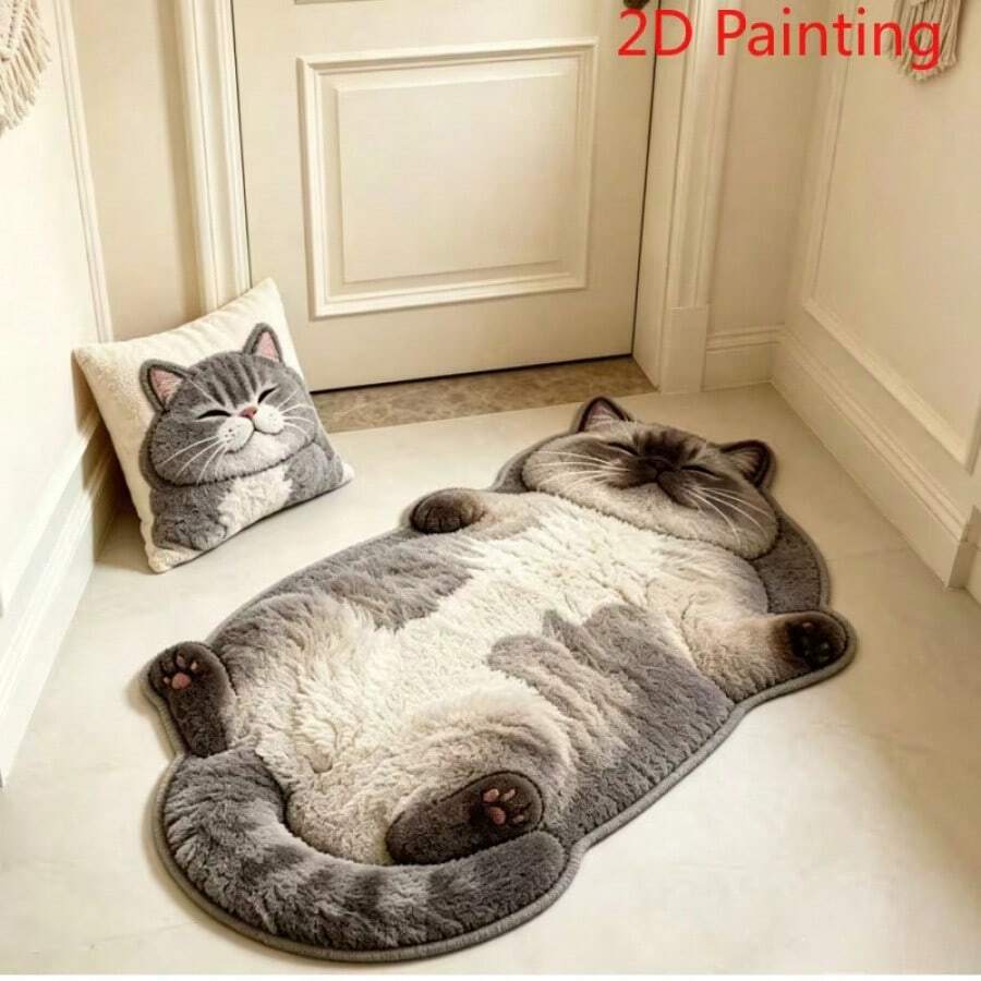 Velvet Flocked Bottom Cute Siamese Cat Shaped Rug, Creative Lying Down Bedroom Bedside Carpet, Adorable Healing Slouchy Home Entryway Rug, Suitable For Doorway, Hallway, Bathroom, Balcony, Indoor Decor