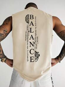 男士夏季時尚百搭休閒極簡「BALANCE」英文線條心臟與大腦印花圓領背心 - 杏色 - 查看 1