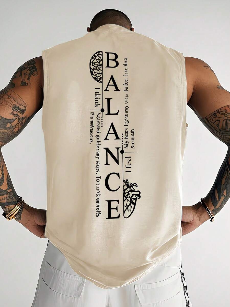 男士夏季時尚百搭休閒極簡「BALANCE」英文線條心臟與大腦印花圓領背心 - 杏色 - 查看 1