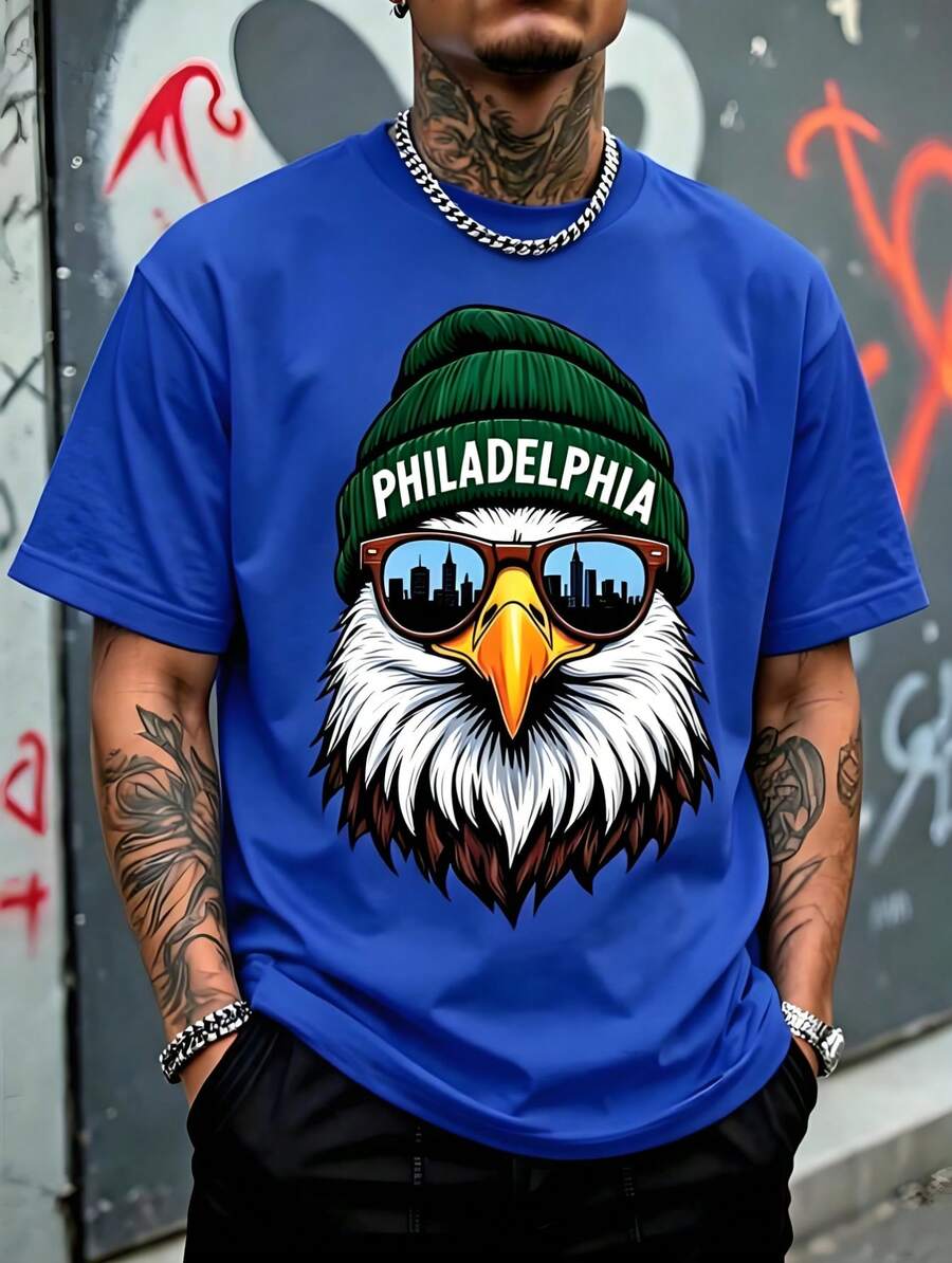 Men's Loose Fit T-Shirt, Bald Eagle Print With Green Wool Hat "Philadelphia" And City Silhouette Glasses, Short Sleeve T-Shirt American Urban Streetwear Style. - 藍色 - 查看 1
