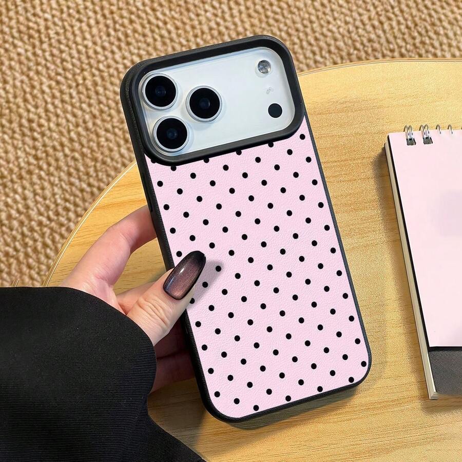 1pc Black Polka Dot UV Printed Pattern Design Leather Texture Phone Case - Multicolor - View 1