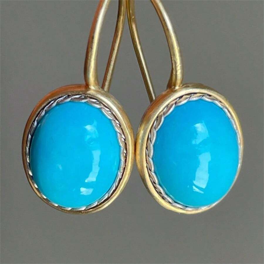 Vintage Fashion Blue Geometric Oval Pendant Earrings, Suitable For Daily And Holiday Wear. - Gold - View 1