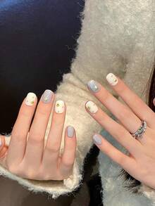 10PCS Short Round Handmade Press On Nails For Party And Daily Wear,Blue And White Nails,Star And Moon Totem Gold Foil Stars And Moons Press On Nails,Summer Nails,Suitable For Girls And Women Festivals Parties And Daily Wear - Blue and White - View 4