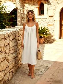 Perfect For Your Vacation! Midi Dress With Thin Straps, Open Back With Drawstring, Lightweight Fabric That Flatters Your Figure. - 白色 - 查看 5
