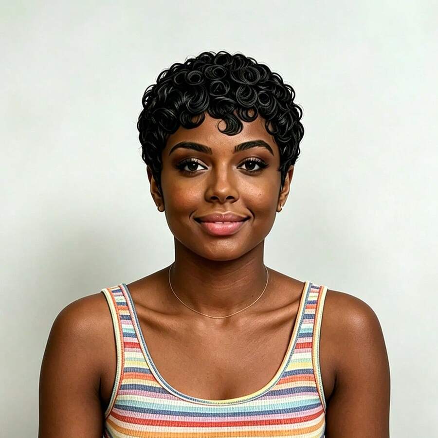Pixie Cut Human Hair Wig Featuring A Voluminous Wavy Style And A Beautiful Black Finish; Short, Curly Wig With 4-Inch Wavy Curls And 200% Density For A Natural Look-Suitable For Daily Wear, Parties, And Special Occasions.