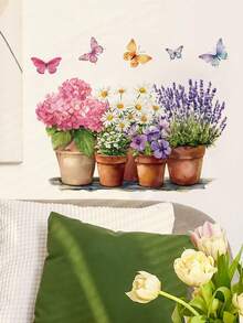 1pc Watercolor Potted Flower Butterfly Wall Sticker, Ins Pastoral Style Lavender Hydrangea Daisy Floral Art Self-Adhesive Paper, Waterproof Oil-Proof Removable No Residue No Damage To Wall, DIY Free Combination, Kitchen Cabinet Living Room Bedroom Rental Apartment Cabinet Door Blank Wall Surface Renovation Fresh Healing Home Decor Sticker - Wall Stickers - View 8