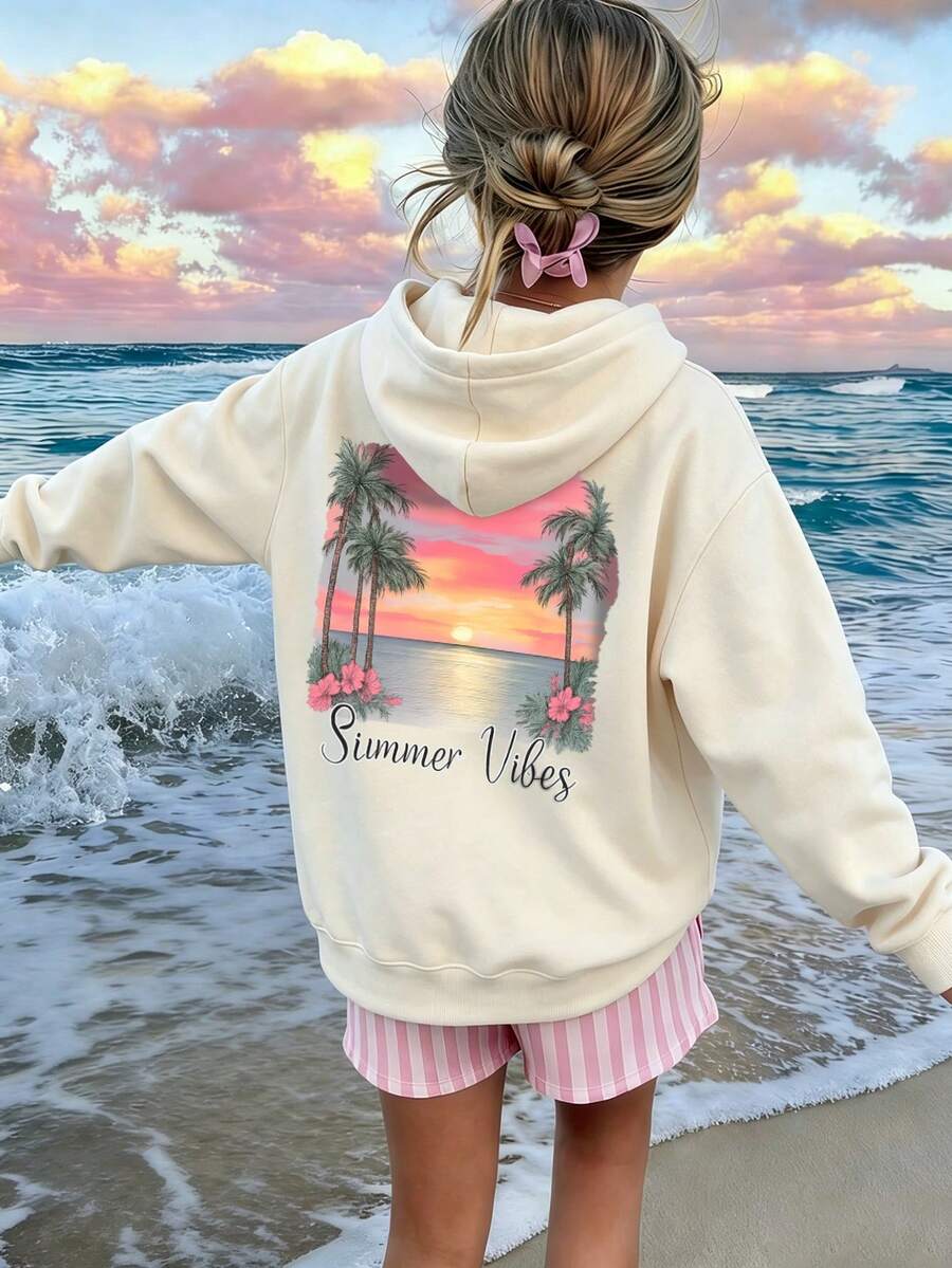 Girls Coastal Sunset Palm Tree Graphic Hoodie Casual Loose Fit Fall Sweatshirt - Apricot - View 1