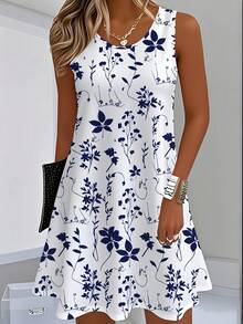 [Vestido floral para mujer] Vestido casual de fibra sedosa con estampado floral digital para mujer, primavera/verano, estilo europeo y americano - Azul - Ver 1