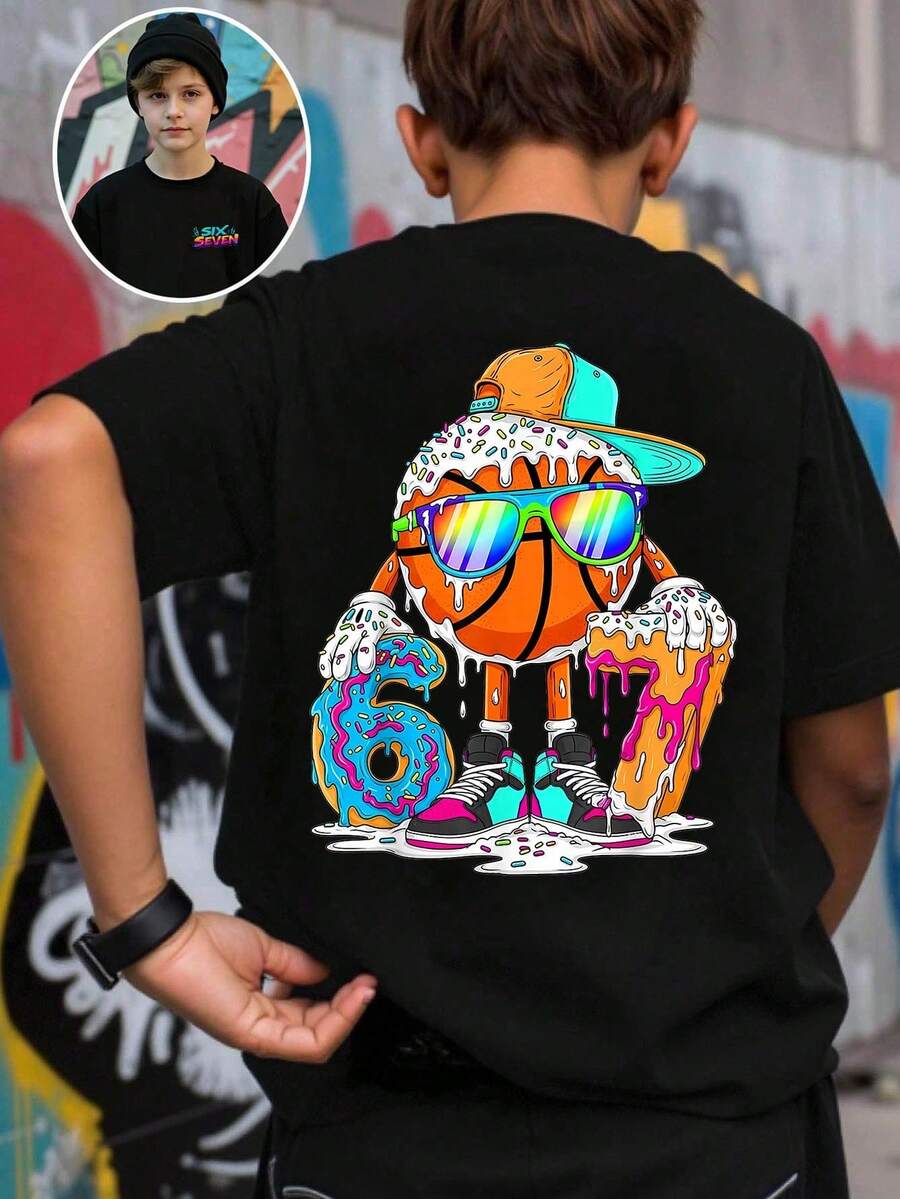 Streecool Kids' Casual And Creative T-Shirt With Digital, Cartoon, And Lightning Bolt Designs. Comfortable Short-Sleeved Basic T-Shirt For Spring, Summer, And Fall. Size 5T. - 黑色 - 查看 1