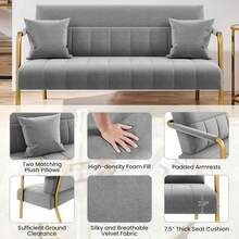 - Sofá moderno de 143.5 cm de ancho, sofá pequeño de tela de terciopelo con brazos y patas de metal dorado para sala de estar, oficina en casa, estudio rosa - Gris,claro - Ver 6
