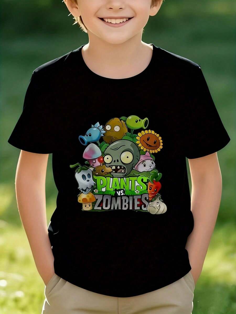 Tops para niños, camisetas para niños, tops para niñas, camisetas para niñas, 100% algodón capibara, Plantas vs. para niñosCamiseta gráfica de zombies - Camiseta de manga corta de secado ráp - Negro - Ver 1