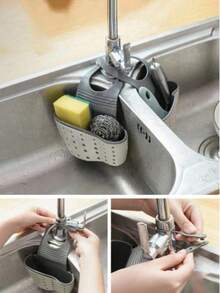 1pc Adjustable Clip-On Kitchen Sink Storage Box - Space-Saving Hanging Drain Basket, Suitable For Sponges, Brushes And Cleaning Tools, Durable Plastic Design With Multiple Compartments For Efficient Drainage, Perforated Design, Sturdy Plastic Structure, Kitchen Sink Accessory - One Size - View 7