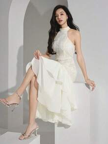 Vestido midi elegante de mujer con cuello halter, bajo con volantes y patchwork de jacquard - Albaricoque - Ver 5