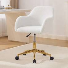 002 - Modern Swivel Office Chair In Plush-Effect Fabric, Height Adjustable, 360° Swivel, Gold Legs, For Office And Home Office, White - Ivory White - View 2