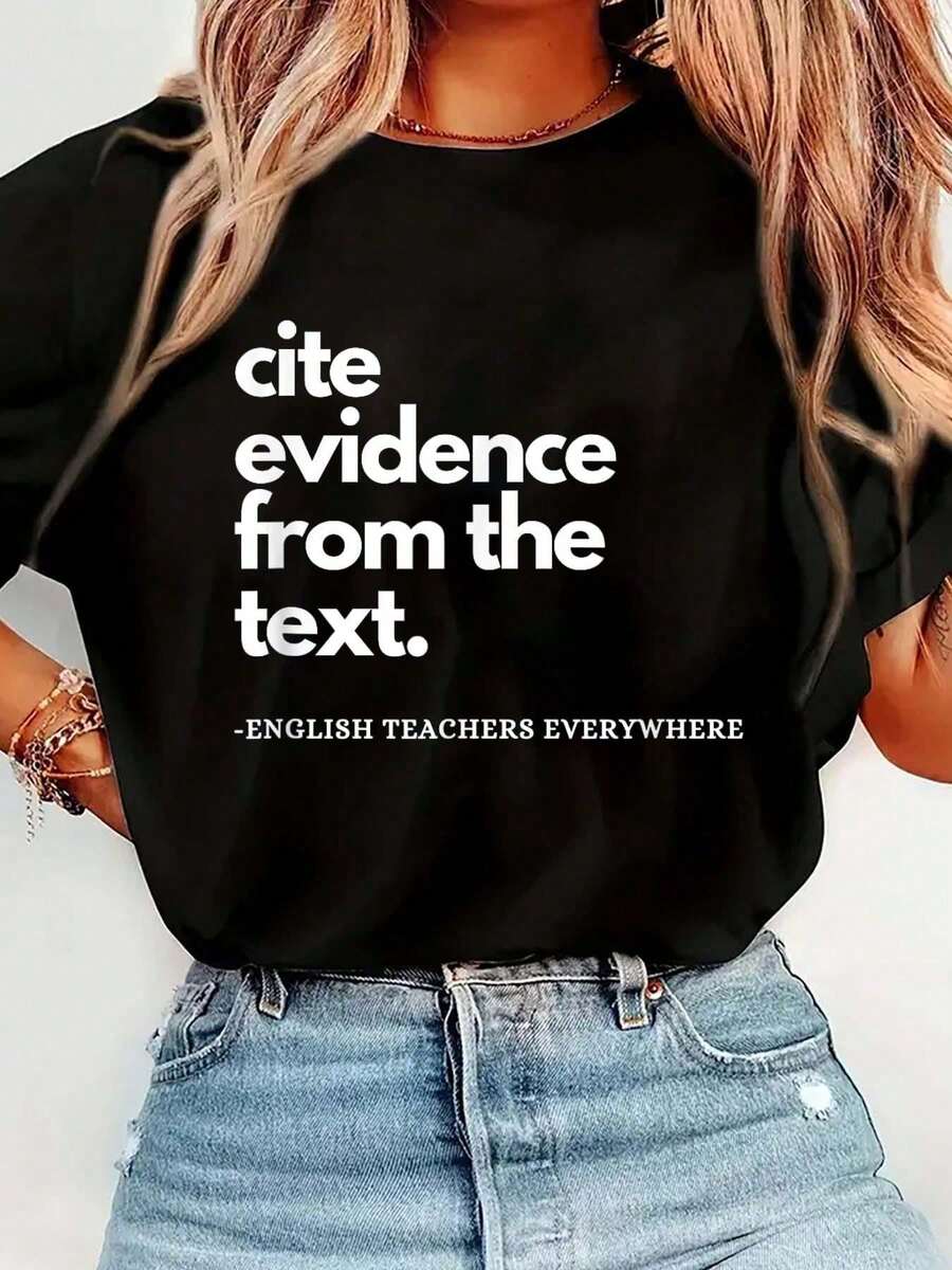 Camiseta de Mujer con Estampado 'Ela Cite Evidence From The Text' para Profesora de Inglés, Cuello Redondo, Manga Corta, Camisetas Gráficas de Moda, Blusas Casuales para Dama - Negro - Ver 1