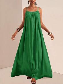 Vestido largo verde para mujer, con tirantes finos y escote cuadrado, estilo holgado casual - Negro - Ver 4