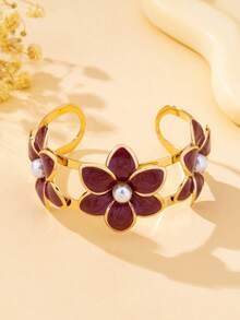 1pc Fashionable Colorful Enamel Geometric 3D Flower Open Cuff Bracelet, Acrylic Faux Pearl Accented Flower Center, Elegant Women's Floral Bracelet, Suitable For Vacation, Party, Banquet Wear - Flower Bracelet - View 7