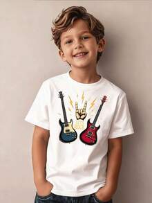 Camiseta Casual y Elegante para Niños de 5 a 13 Años con Diseño de Guitarra Eléctrica, Símbolo de Rock y Rayo, Perfecta para Fiestas y Regalos Navideños - Blanco - Ver 2