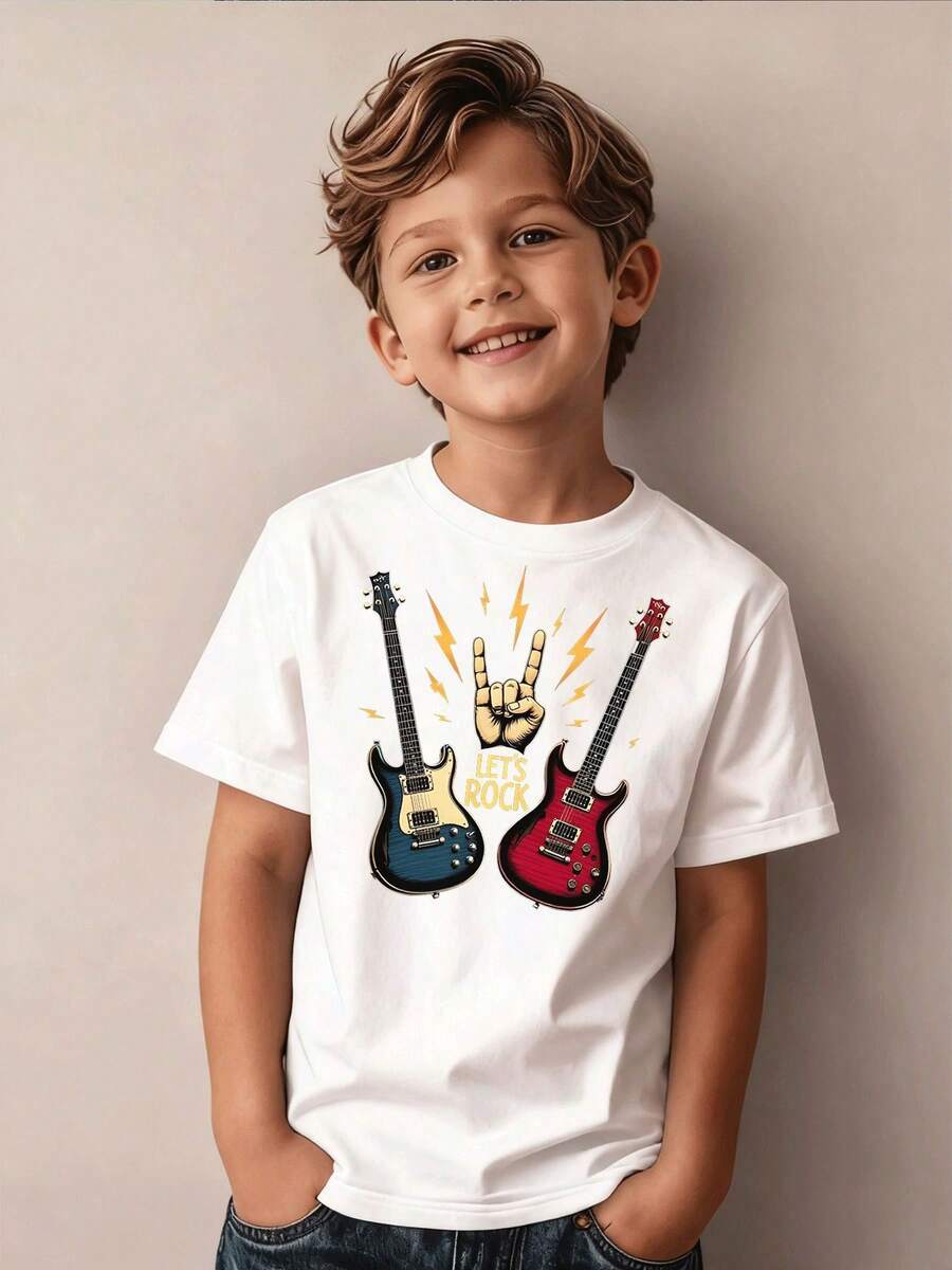 Camiseta Casual y Elegante para Niños de 5 a 13 Años con Diseño de Guitarra Eléctrica, Símbolo de Rock y Rayo, Perfecta para Fiestas y Regalos Navideños