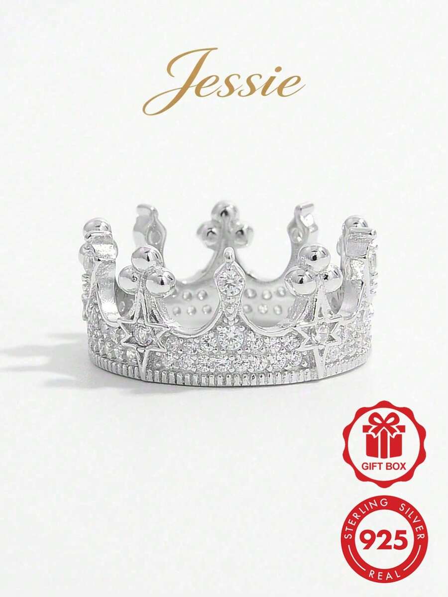 1件奢華閃耀復古925純銀立方鋯石皇冠設計粗戒指,適合女性派對宴會禮物 - 銀色 - 查看 1
