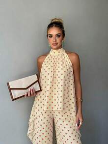 Women's Summer Casual Retro Polka Dot Apricot Halter Neck Sleeveless Top And Wide Leg Pants 2-Piece Set, Holiday Beach Outfit - Apricot - View 6