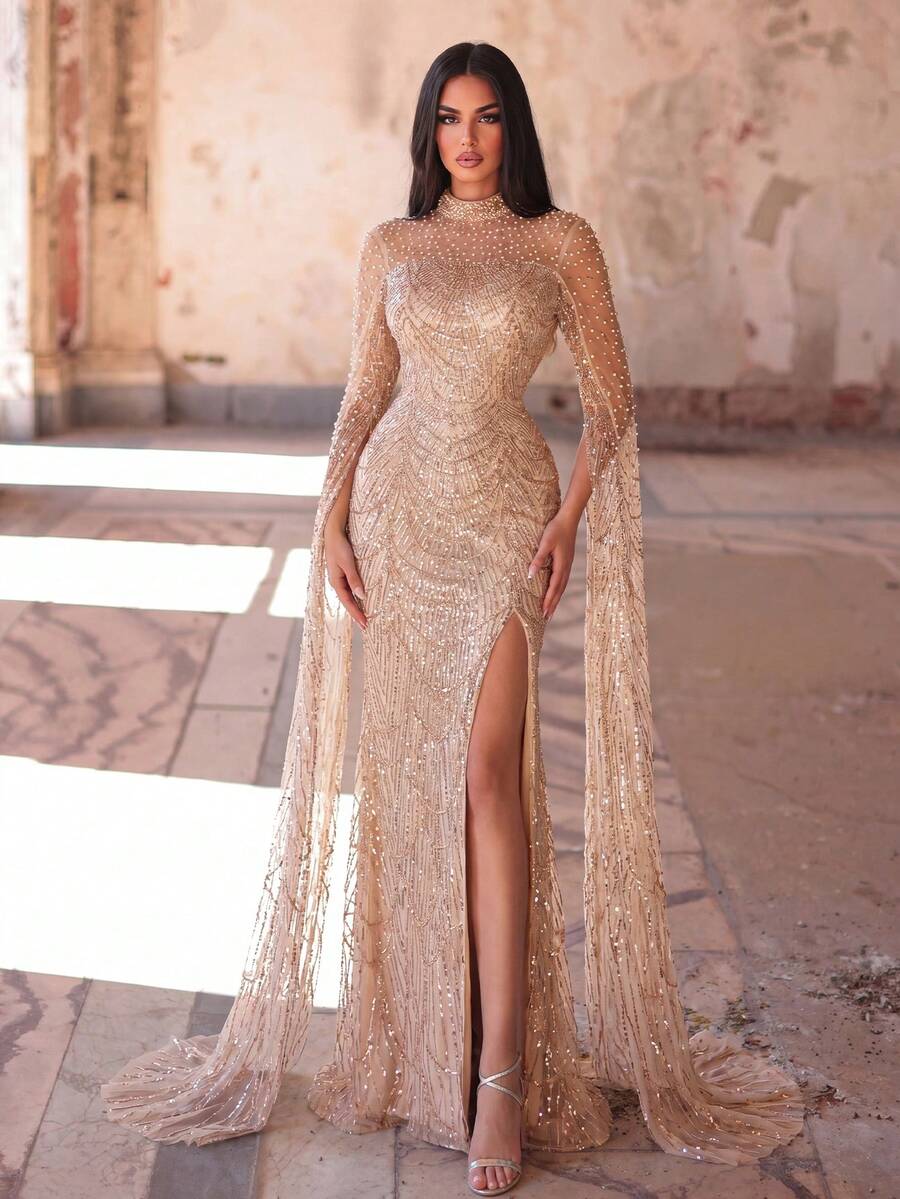 Faeriesty Vestido de Noche Lujoso y Brillante con Adornos de Perlas Falsas y Bajo de Cola de Sirena para Boda y Fiesta - Champán - Ver 1