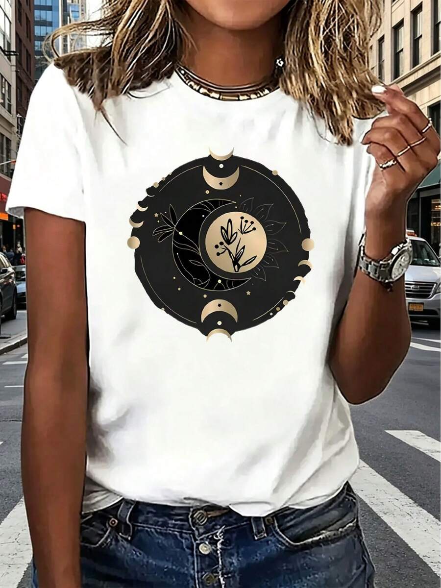 Women's T-Shirt - Women's T-Shirt With Starburst And Celestial Moon Phases - Short Sleeve Crew Neck Top Compatible With Blouses | Suitable For Daily Wear, Gym And At - 白色 - 查看 1