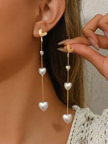 pares de pendientes de moda elegantes y minimalistas en blanco y naranja, de plástico ABS, con perlas sintéticas irregulares de estilo barroco en forma de corazóy perlas en forma de guis - Multicolor 3 - Ver 5