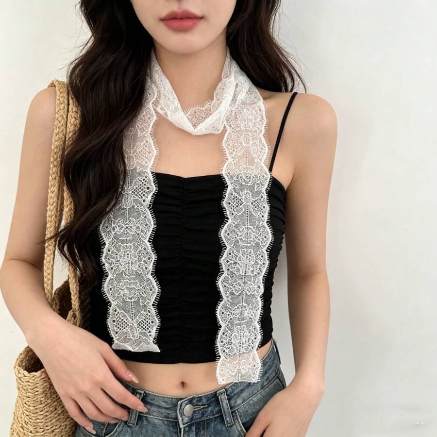 1pc White Floral Eyelash Lace Skinny Neck Scarf, Narrow Long Hollow Out Layering Scarf, Romantic French Style Daily Fashion Accessory Gift For Women - White - View 1