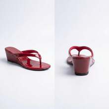 Burgundy Red Glossy Wedge Flip Flops, Soft Suede Lining, Comfortable Summer Women's Sandals, Suitable For Daily And Vacation Wear - Red - View 5